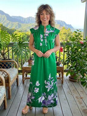Vtg 70s Island Casuals Green Floral Long Hawaiian Tiki Luau Maxi Dress